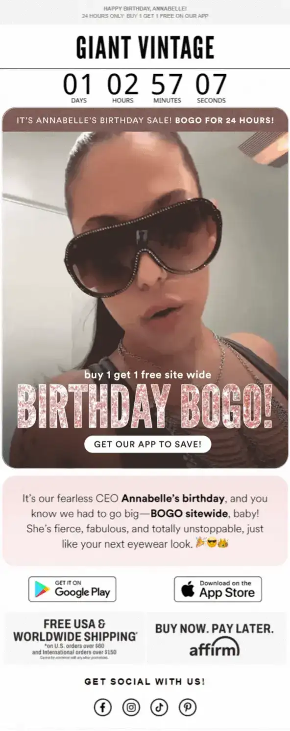 Fashion email marketing example with animated visuals and celebrating employee birthdays