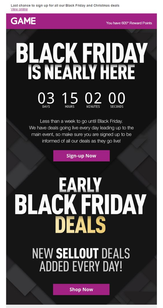 Black Friday campaign ideas | Example of countdown timer for Black Friday by Game