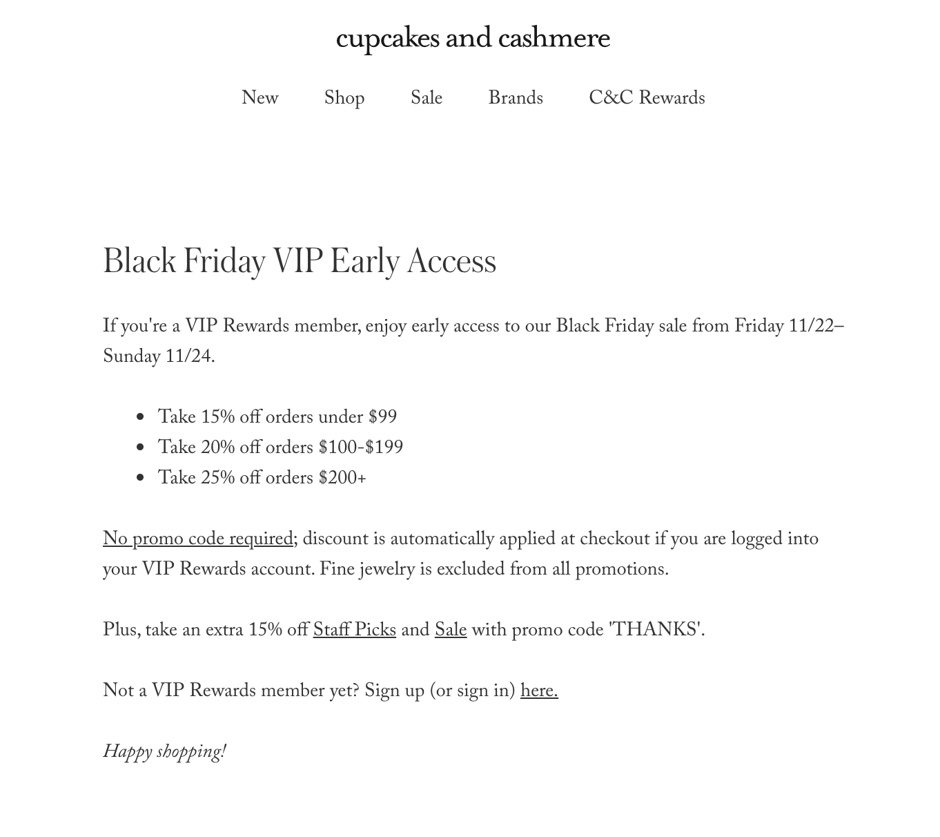 black friday advertising | black friday marketing strategy Black Friday campaign ideas | Example of tiered VIP discounts by Cupcakes and Cashmere for Black Friday