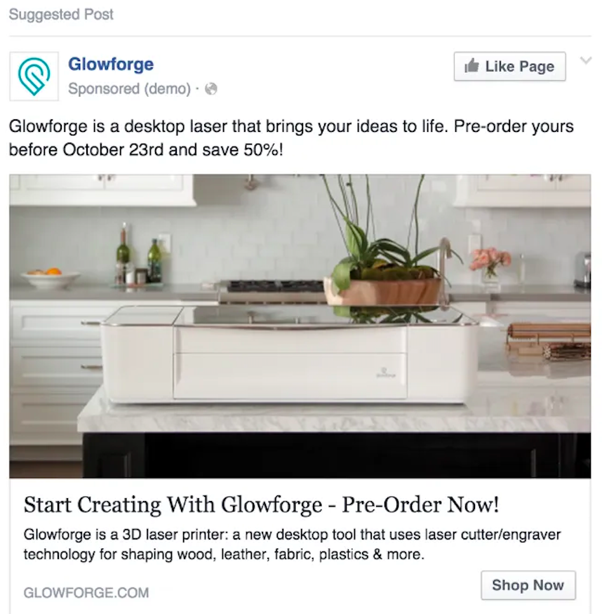 GlowForge pre order strategy included targeted ads on Facebook