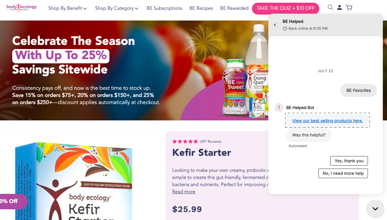 Body Ecology recommends products through live chat for higher add to cart conversionst