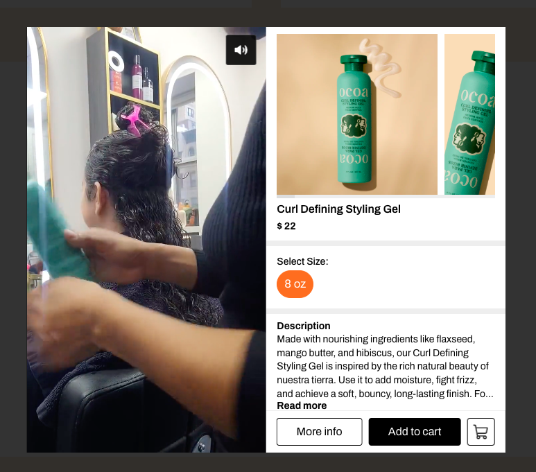 Ocoa Beauty shoppable video example to increase shopping cart conversion rate