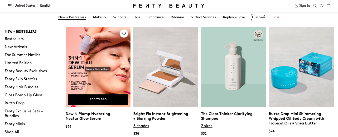 Fenty Beauty enables shoppers to add to their carts from the primary navigation