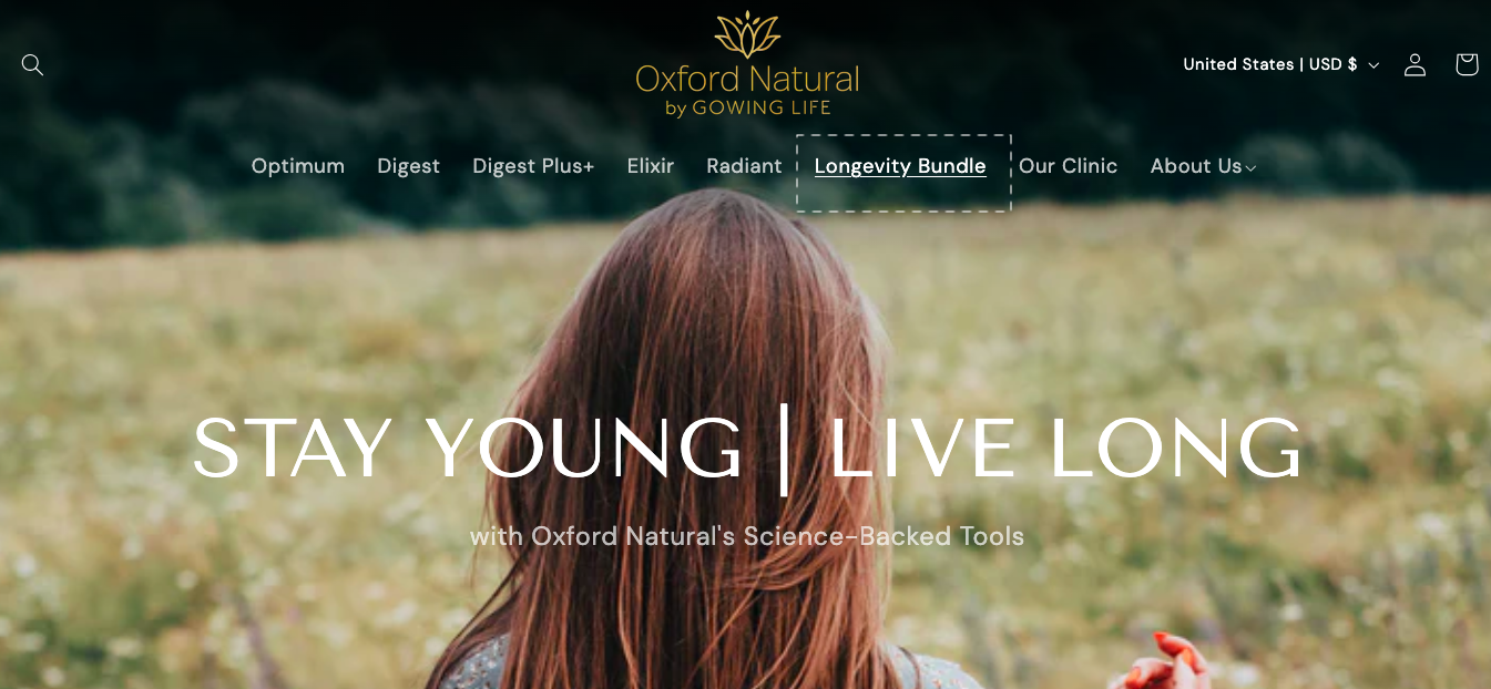 Oxford Natural highlights their longevity bundle in the main menu to increase adds to carts