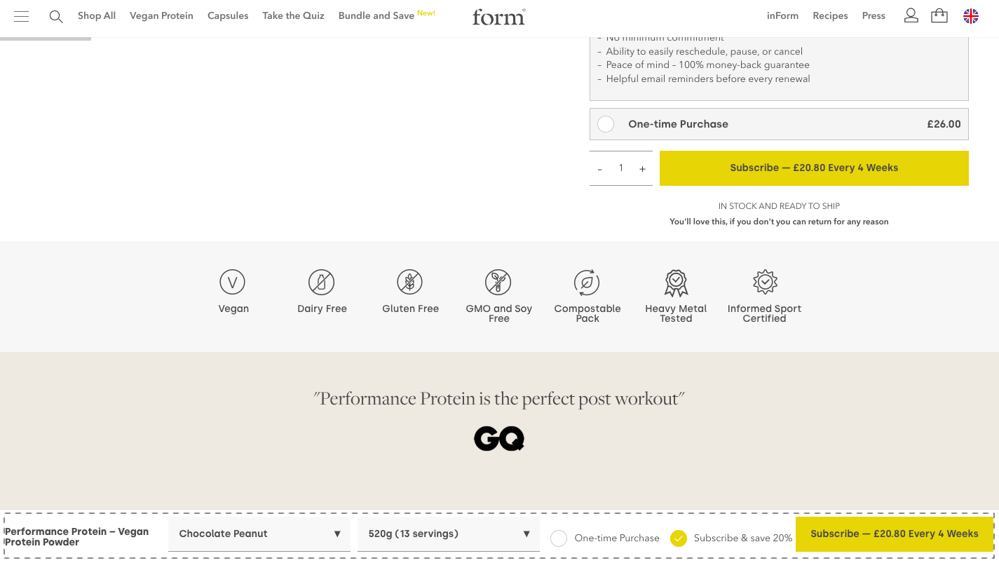 Form Nutrition sticky menu example shows excellent UX