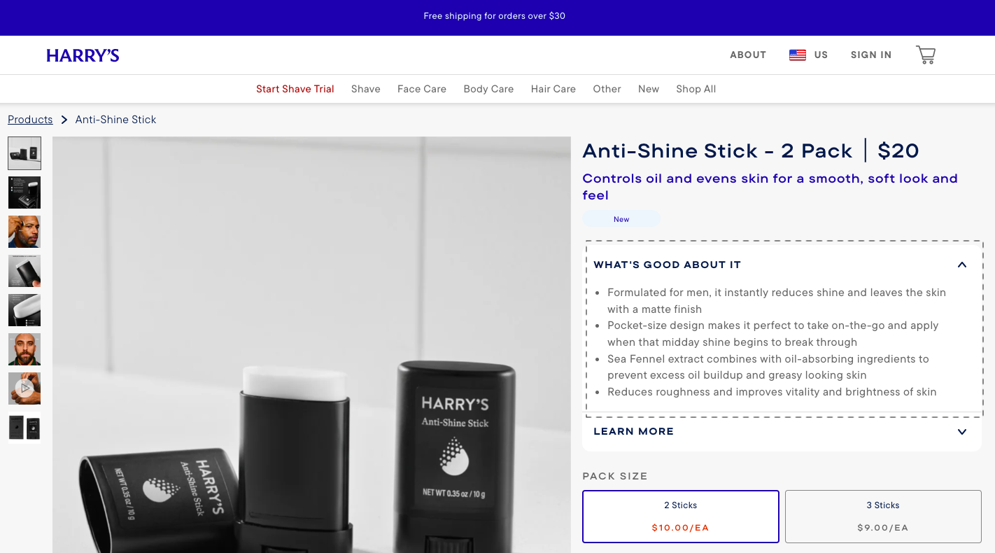 Harry's product description relays what every brand must do to improve cart addition rates