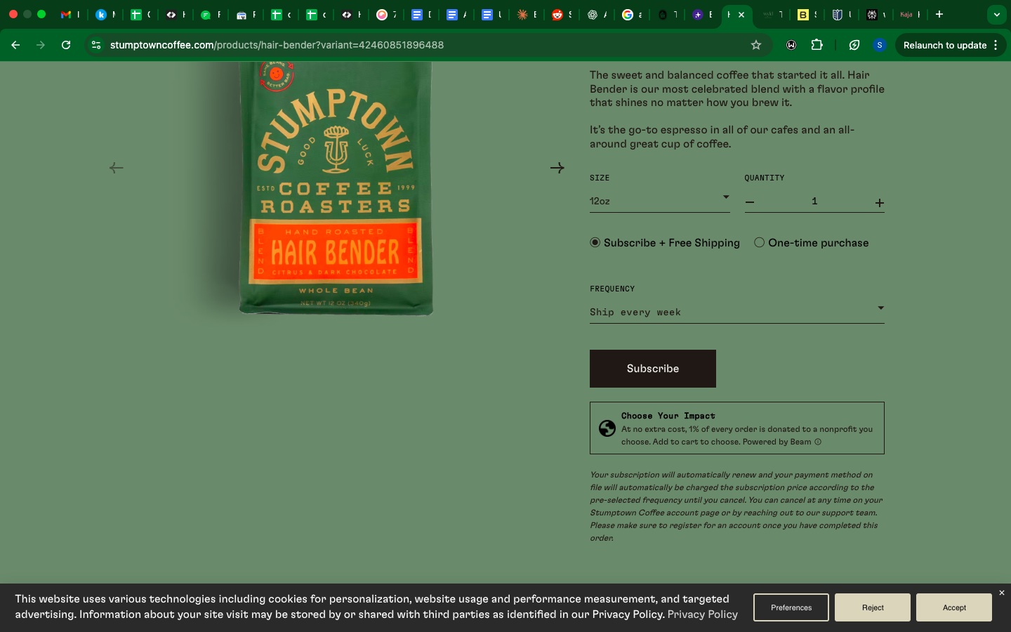 Stumptown Coffee makes add to cart more attractive by using cause marketing as a context