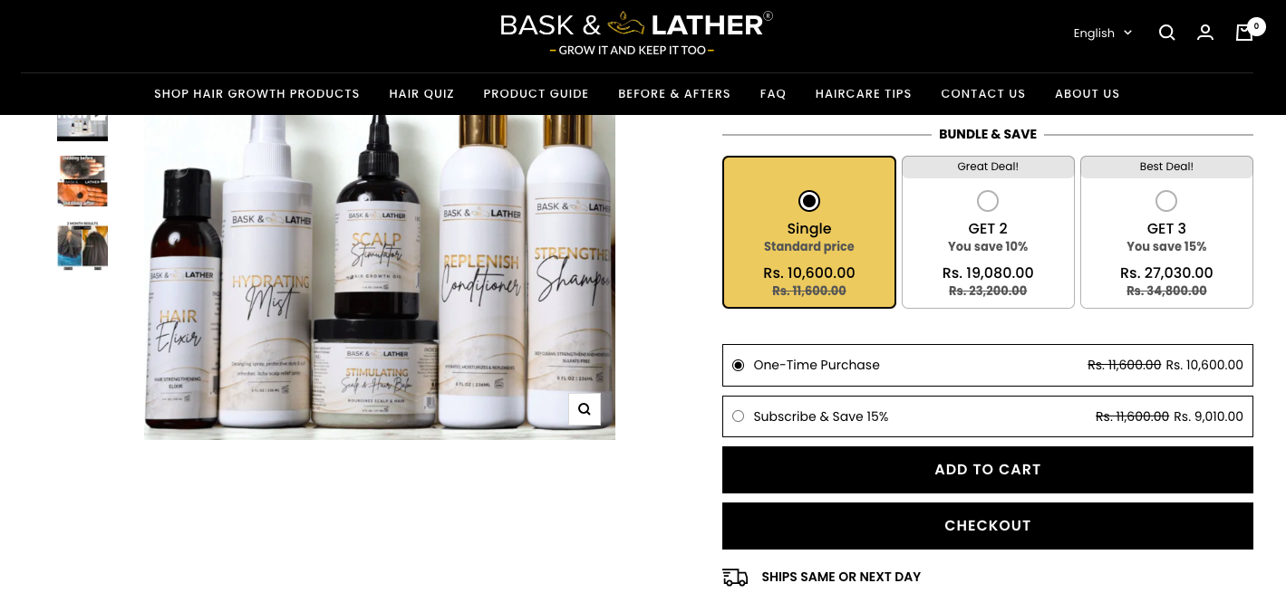Bask and Lather combines cart and checkout flow by showing a secondat checkout CTA across product pages