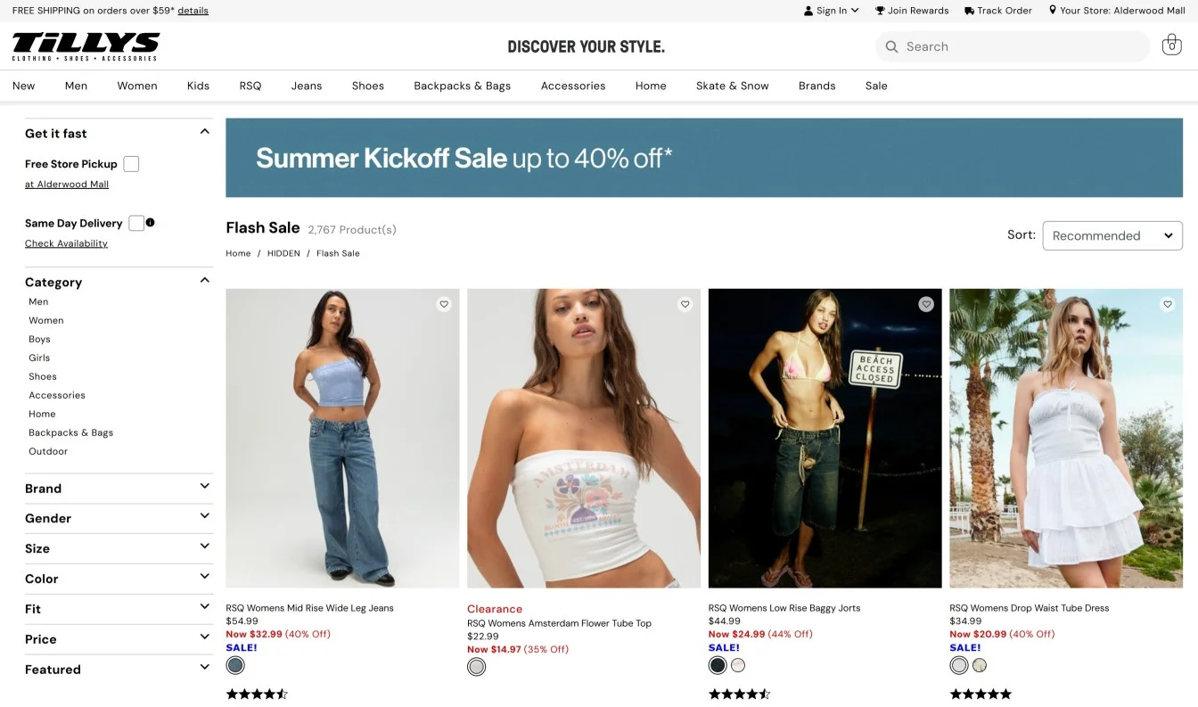Make sure people see the discount is seen first, like this sale page example from Tillys does