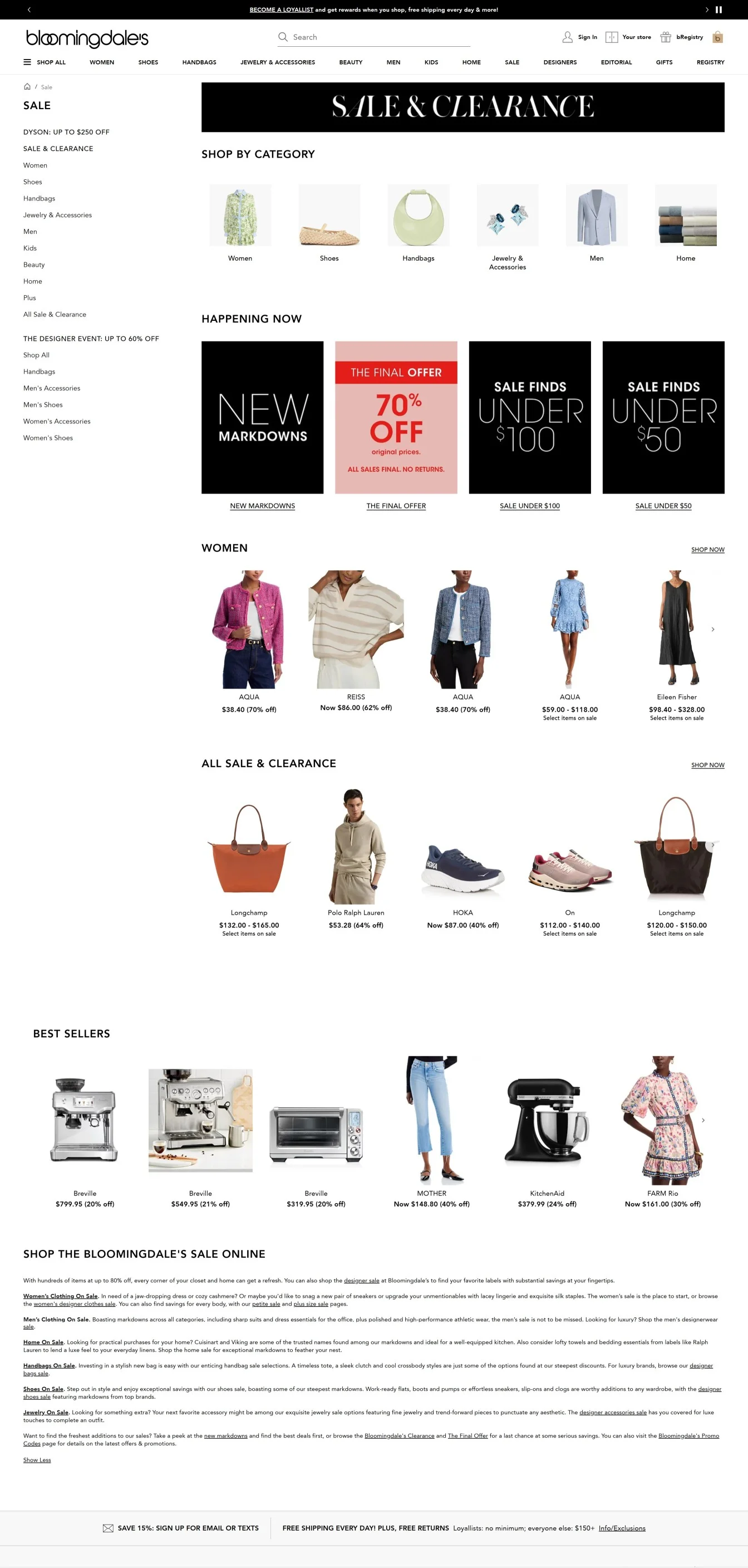 All sale page example from Bloomingdale's showing what product categories are on sale and what promotions are ongoing