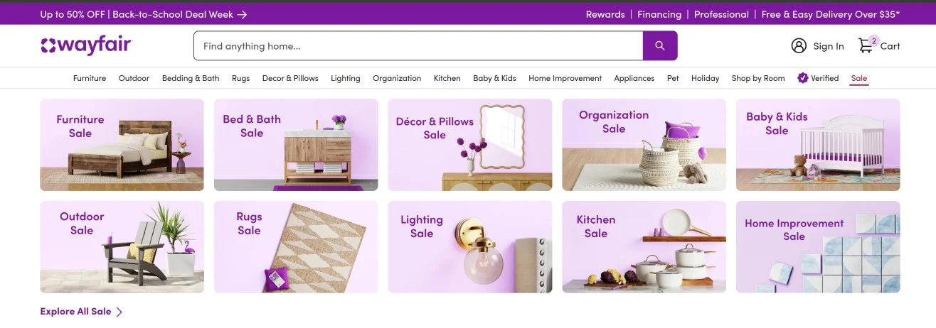 Your navigation should enrich shoppers or rather prime them before they arrive on your sale page as Wayfair does