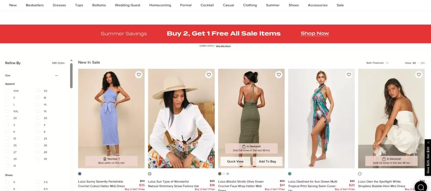 Lulu's sale page's product listings showing microcopy