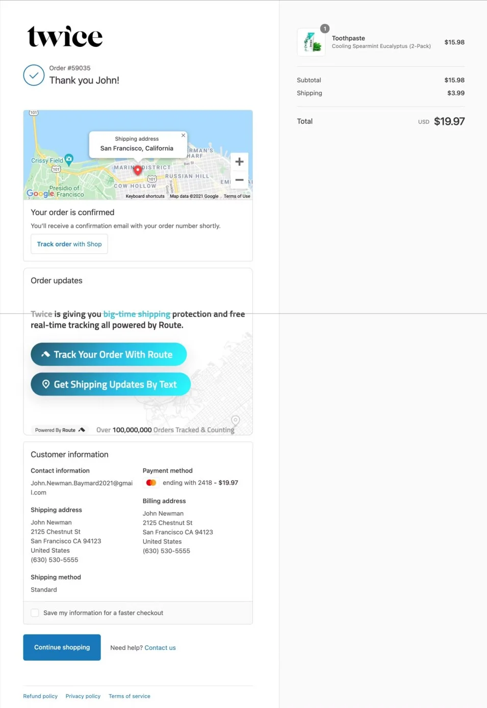 Order confirmation page example from Twice, showing order tracking options