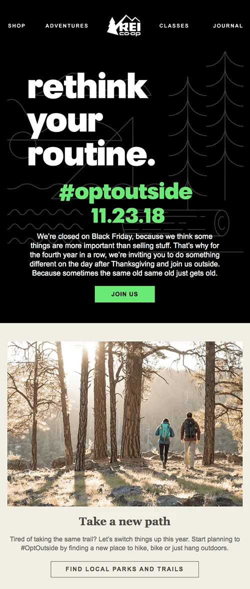 Anti-sale Black Friday eCommerce campaign promoting outdoors from REI