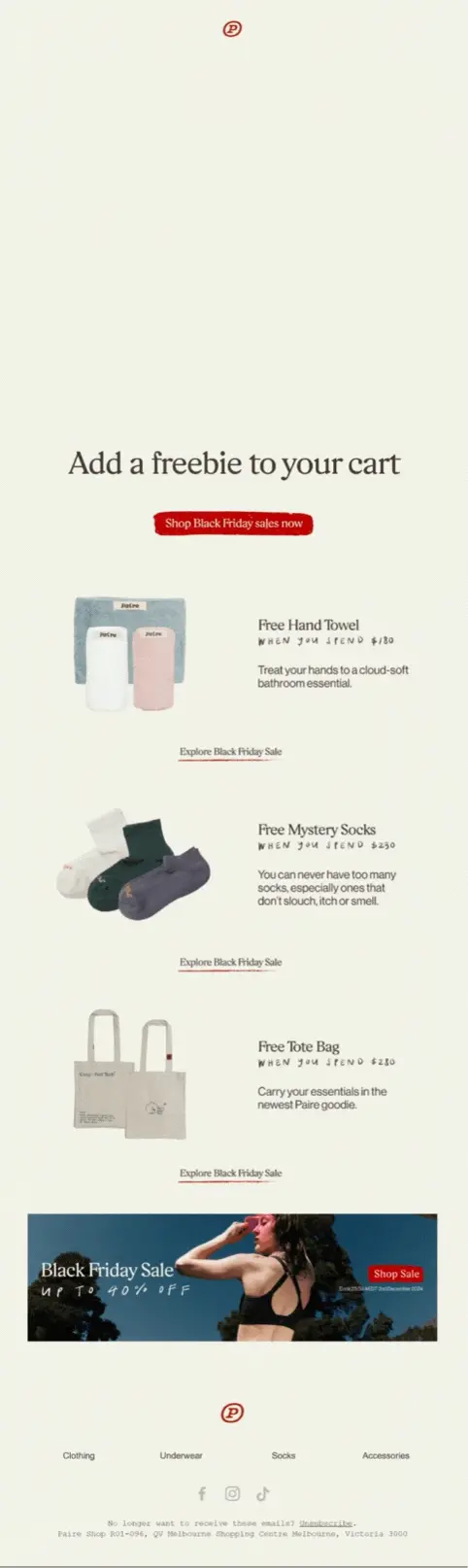 Black Friday email template showing tiered gift strategy from Paire