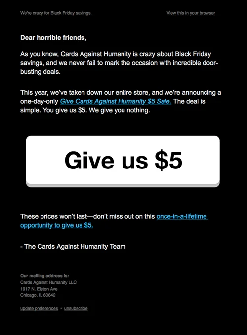 Funny Black Friday copywriting idea asking for $5 from Cards Against Humanity