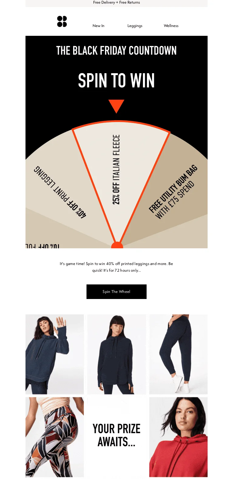 Black Friday email campaign idea using spin-to-win offer from Sweaty Betty