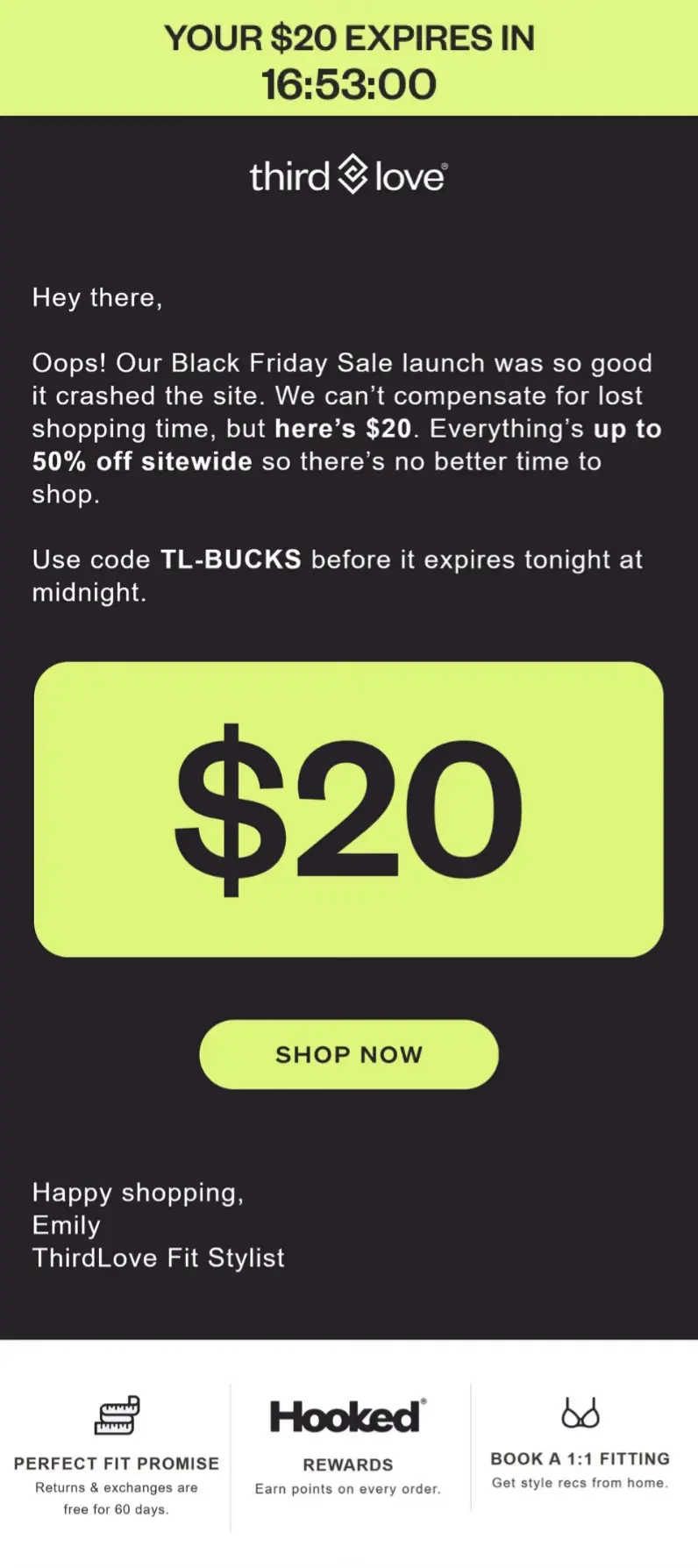 Black Friday email marketing strategy for site outage recovery from Third Love