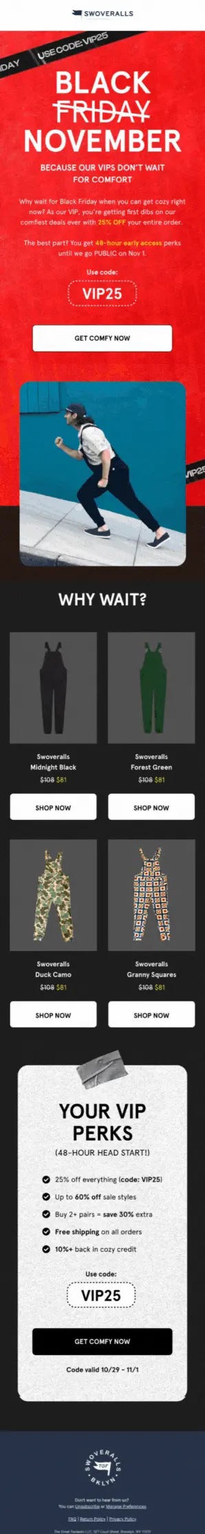 Black Friday teaser email showing loyalty perks from Swoveralls