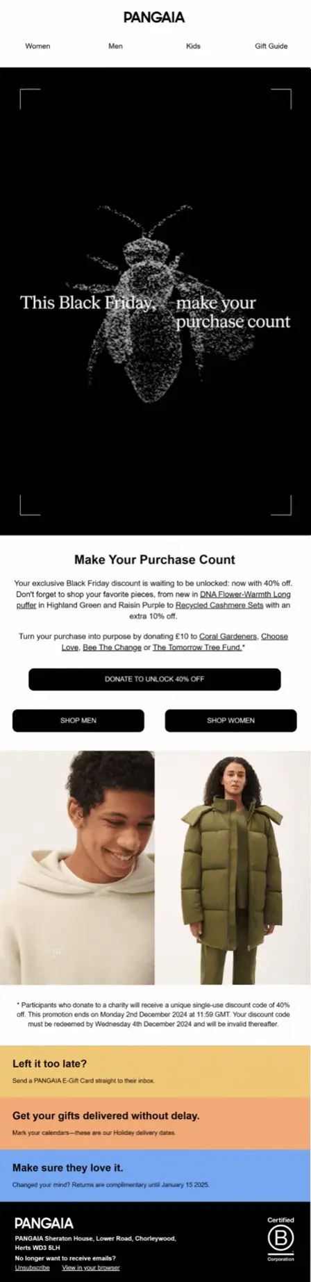 Black Friday eCommerce campaign linking sales to social impact from Pangaia