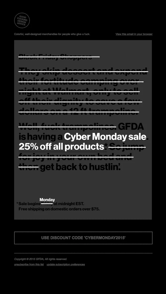 Black Friday email inspiration leading into Cyber Monday from GFDA