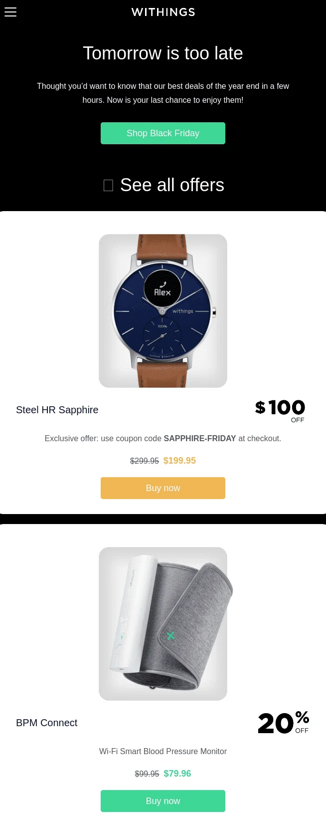 Black Friday copy example in Withings's BFCM email