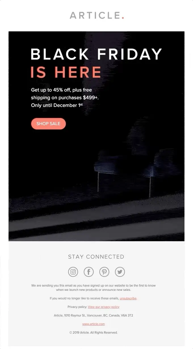 Article's email for Black Friday with suble animated visuals