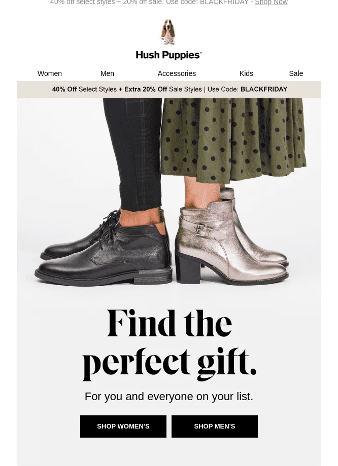 Black Friday final email example from Hush Puppies