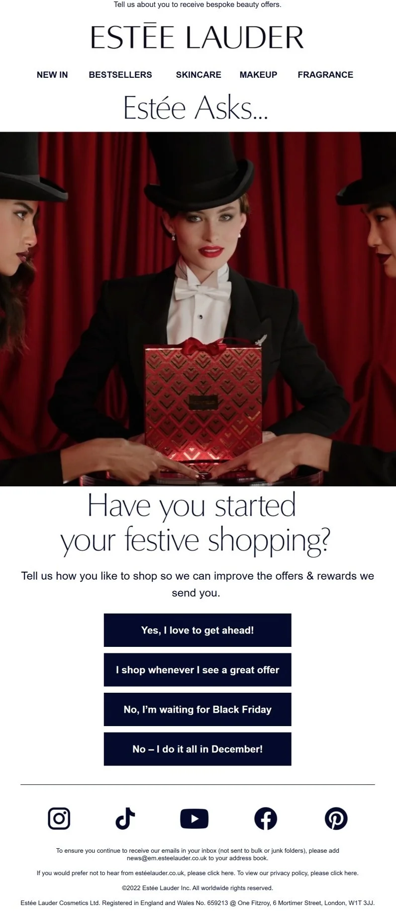 Black Friday email ideas showing survey format from Estee Lauder