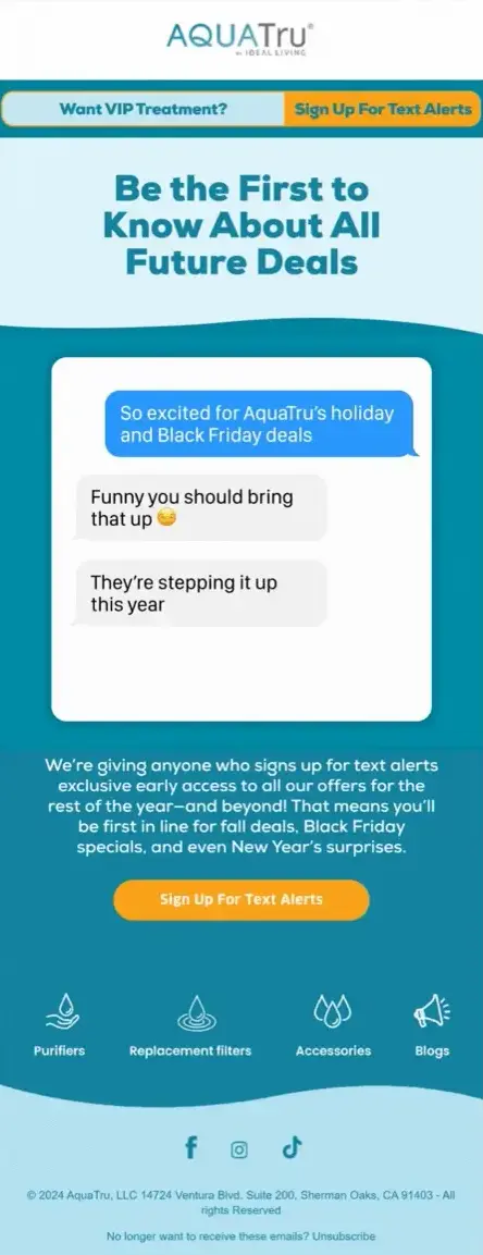 Clever Black Friday email with VIP queue SMS invite from Aquatru