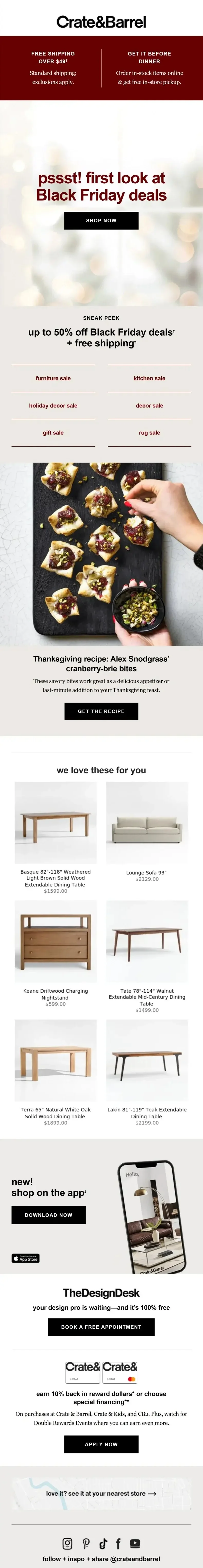 Black Friday marketing email with shipping cutoff reminder from Crate & Barrel