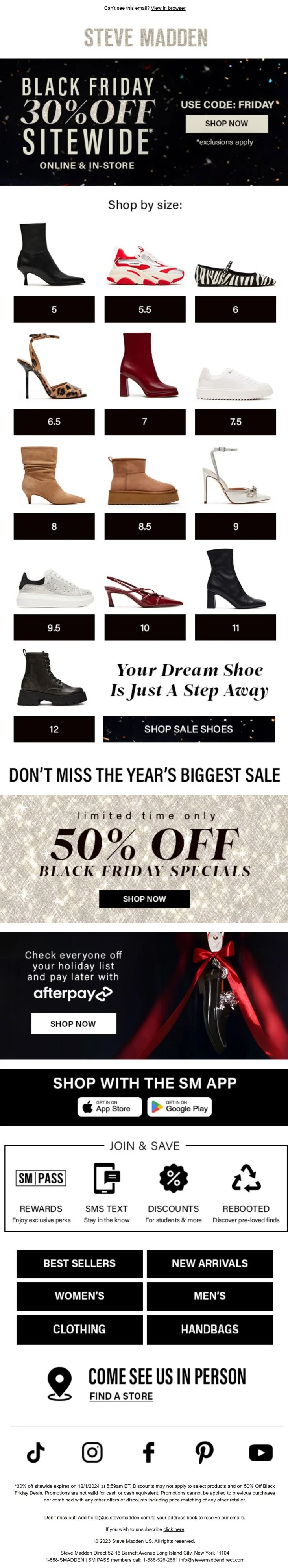Black Friday campaign showing multiple shopping paths from Steve Madden, by size or choice
