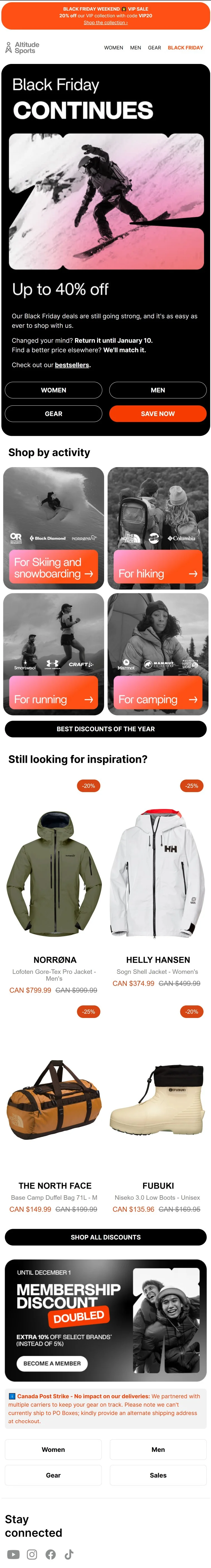 Black Friday email copy mentioning longer return window from Altitude Sports