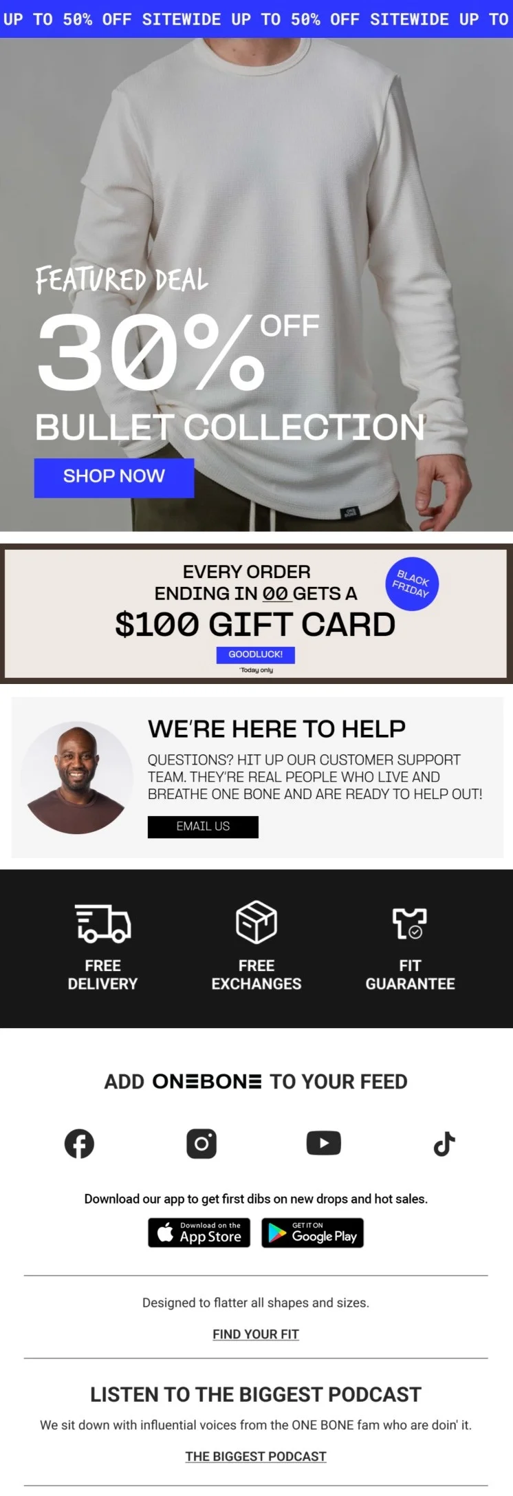 Black Friday sale email offering a chance to win order value back from Onebone