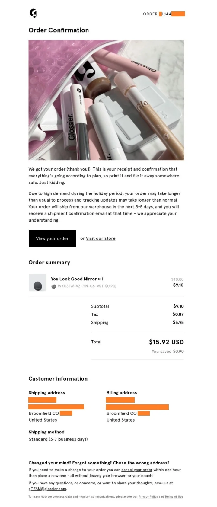 Black Friday mailer addressing delivery delays from Glossier