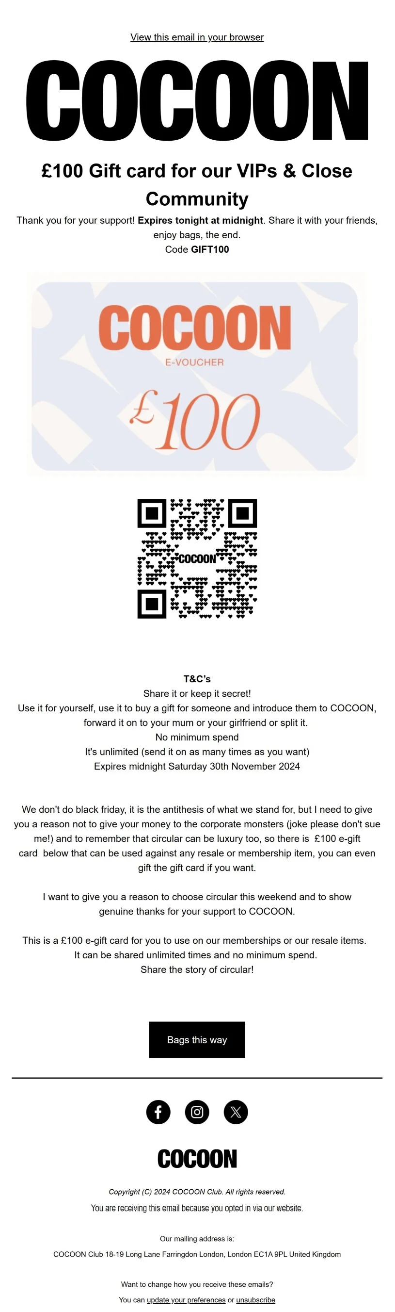Post-Black Friday email reminding gift card expiry from Cocoon