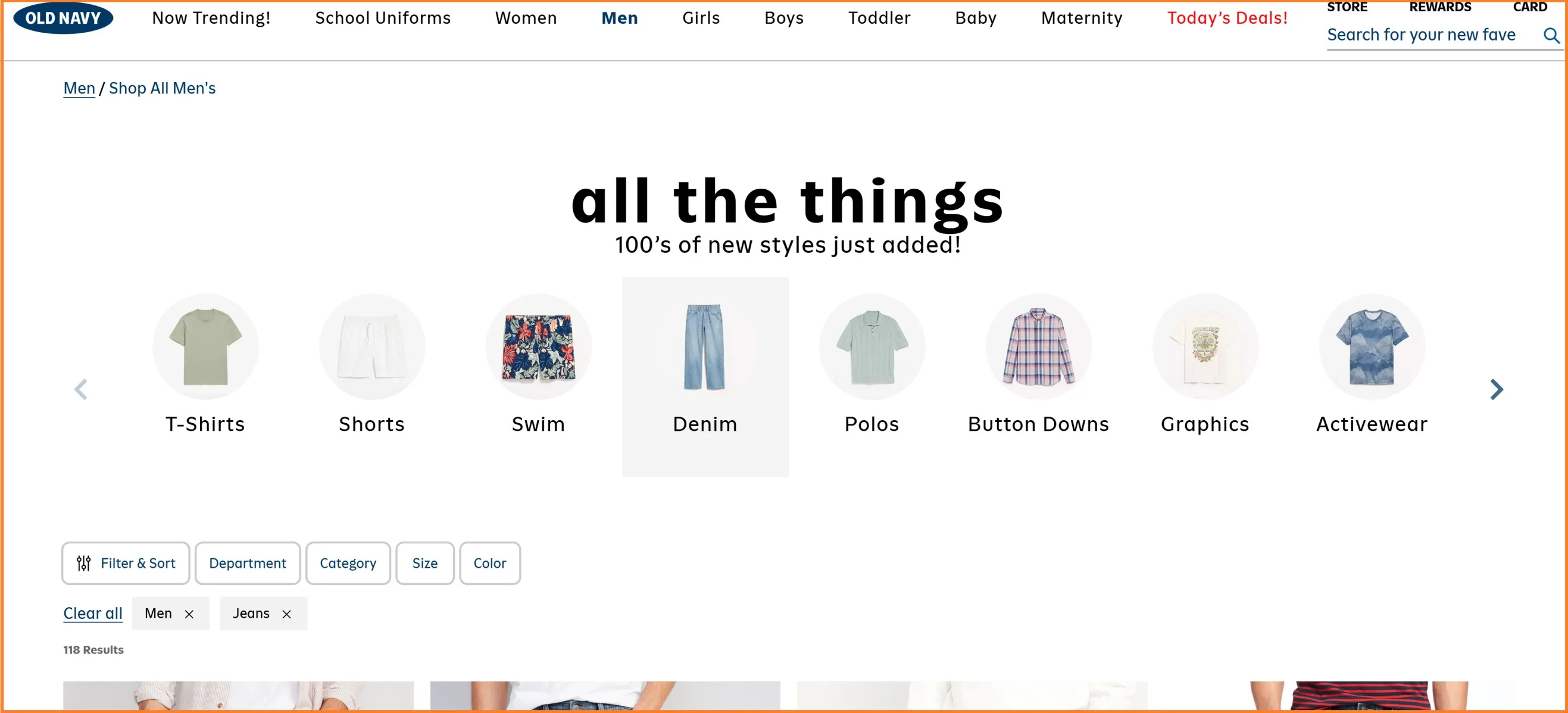 Old Navy showing visual filters with icons on their product listing page