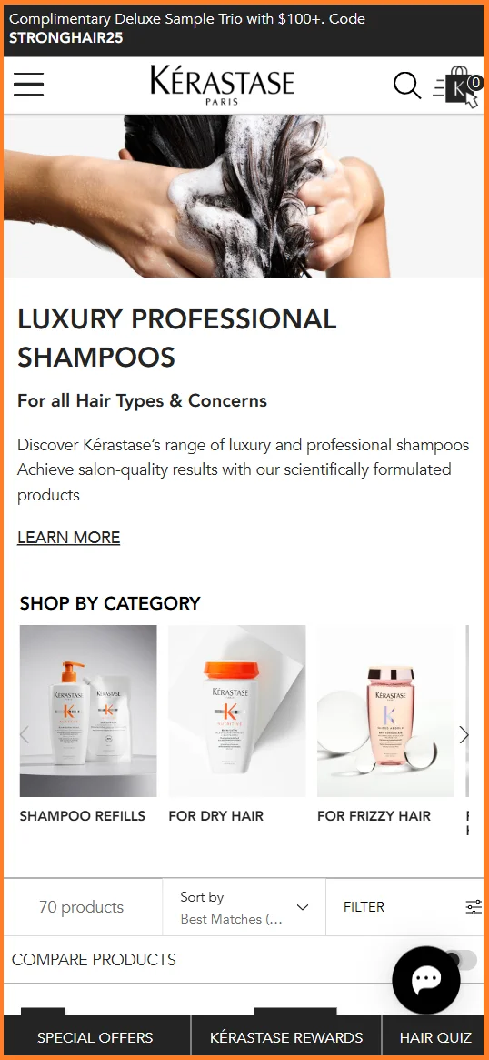 Kerastase's mobile responsive product listing page example