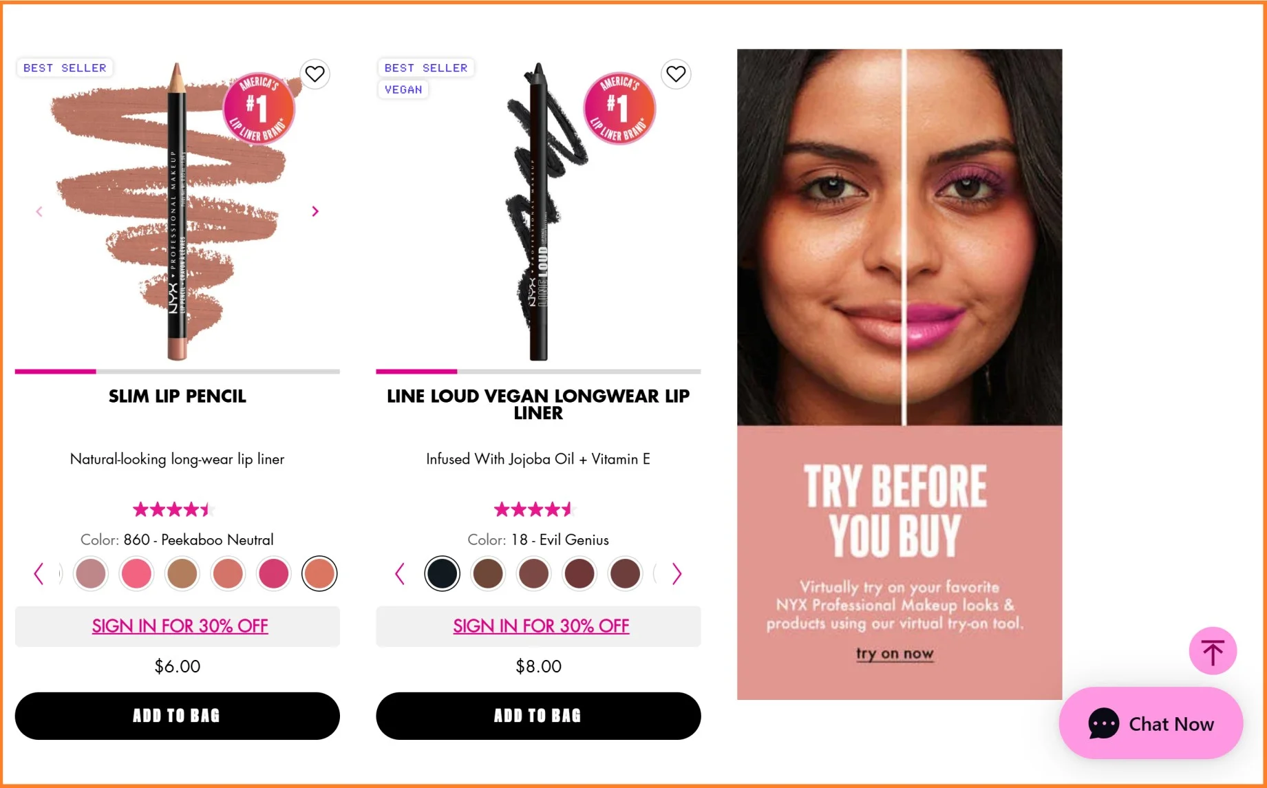 Nyx's product listing page asking shoppers to sign in for a member discount