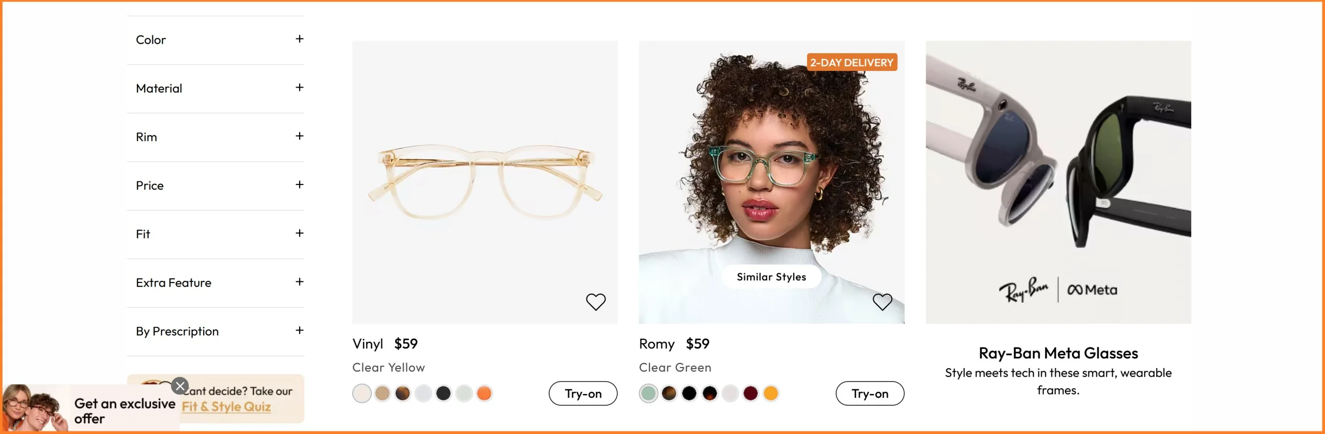 Eye Buy Direct showing product listings on PLP with similar styles