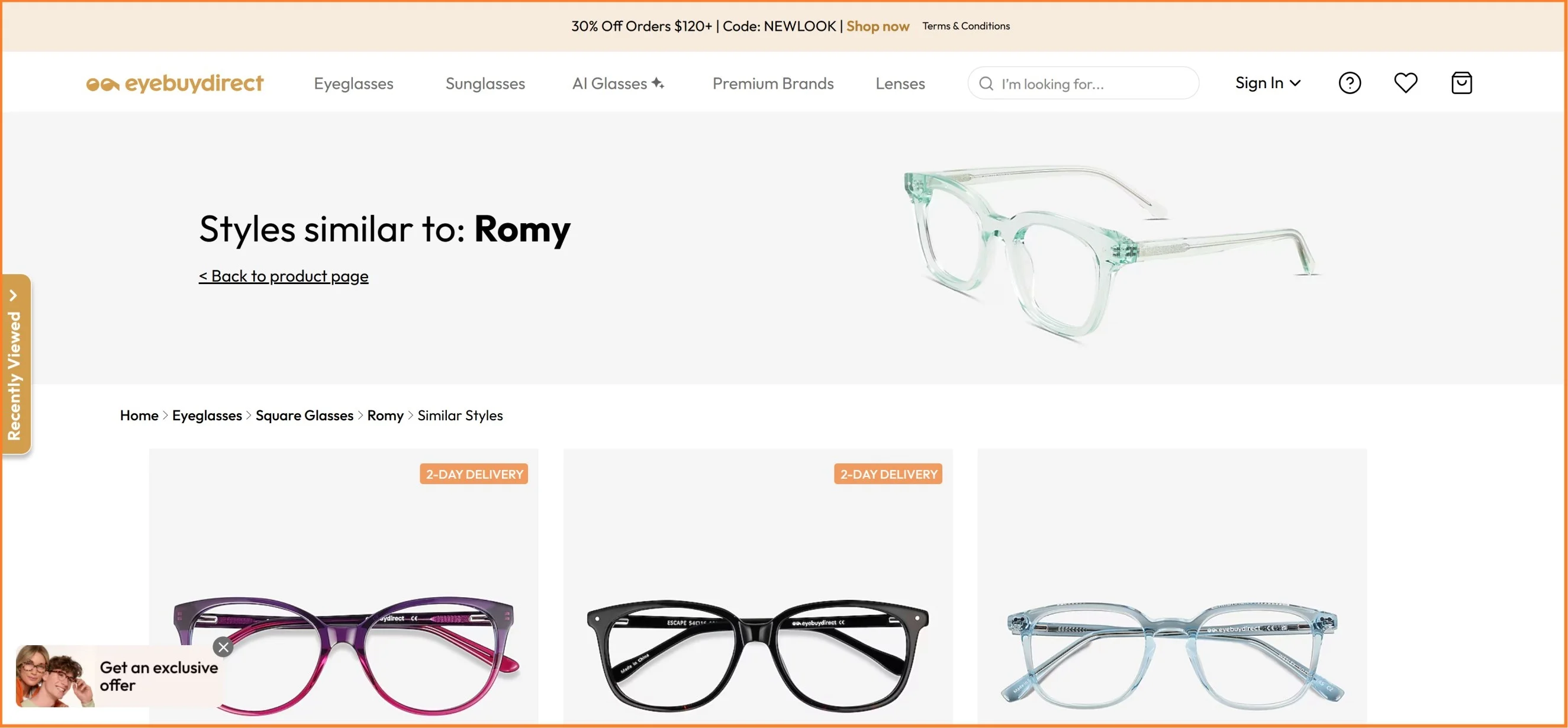 Sub product listing page example from eyebuydirect