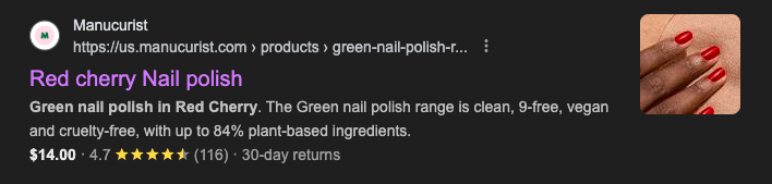 Manucurist uses several layers of schema markup to rank higher in Google organic search