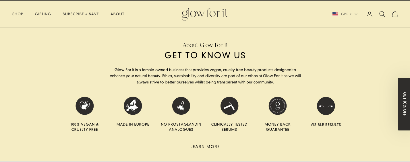 Glow For It optimizes several points of social proof on its homepage to fight sudden website traffic drops
