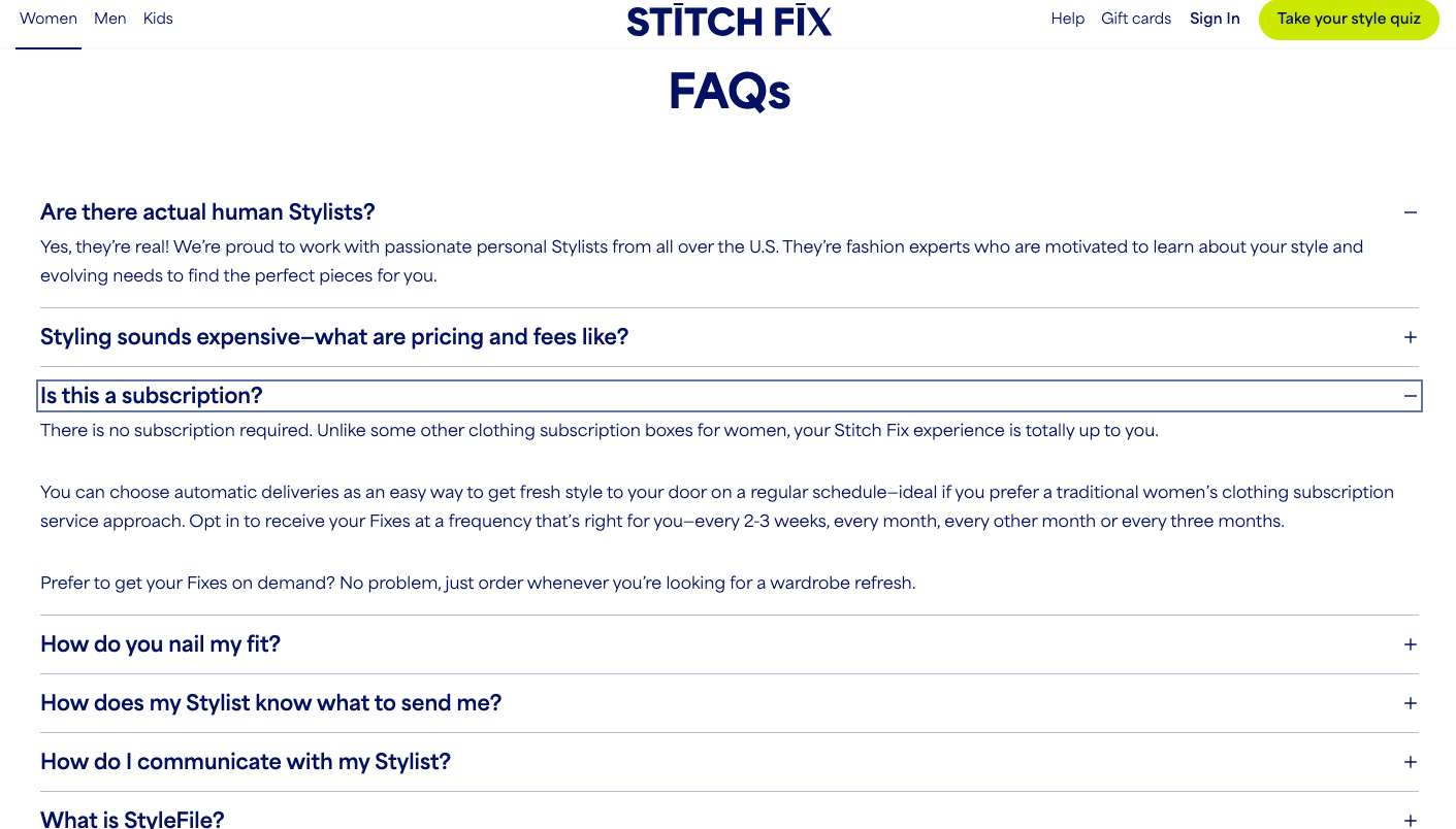 Stitch Fix shows FAQ content on category pages to increase authority on Google's organic search rankings