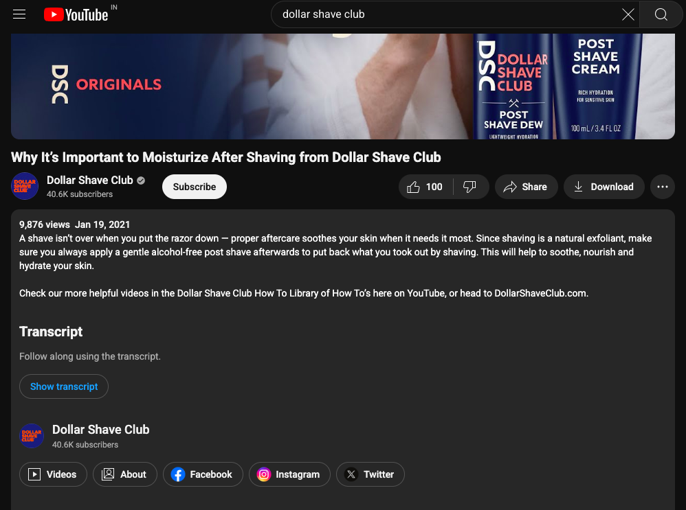 Dollar Shave Club Youtube descriptions cite the brand's social handles to improve discovery for organic search traffic