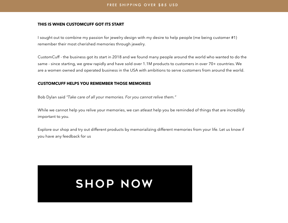 CustomCuff shows a bold CTA on their about us page to convert early shoppers faster