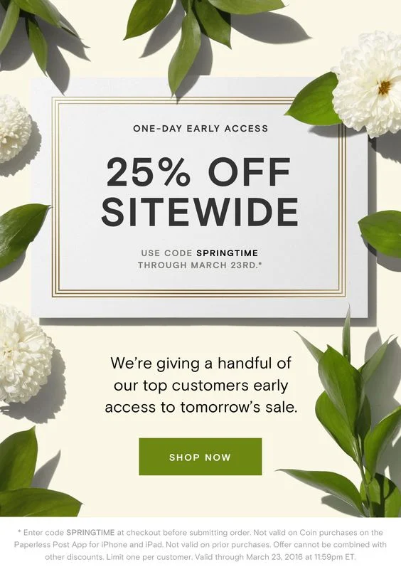 Paperless Post positions their flash sale as an early access for existing customers
