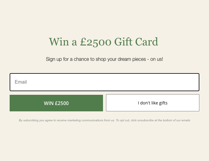 Room giveaway pop-up CTA copywriting example