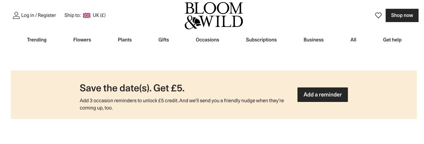 Bloom and Wild incentivizes their add a reminder CTA example on the homepage