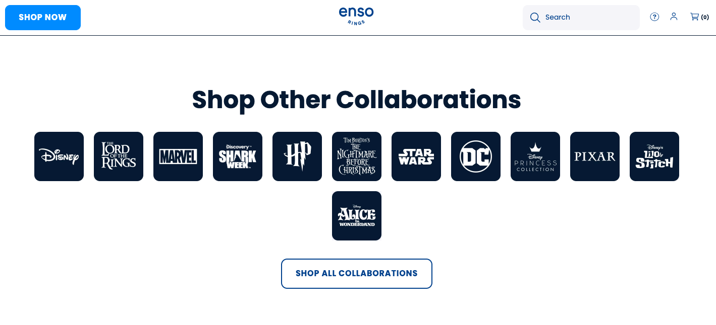 Enso Rings homepage transactional CTA guiding shoppers to shop collaborations